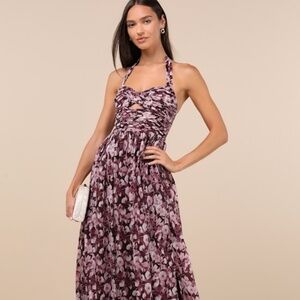 Illustrious Aura Plum Purple Floral Pleated Halter Maxi Dress